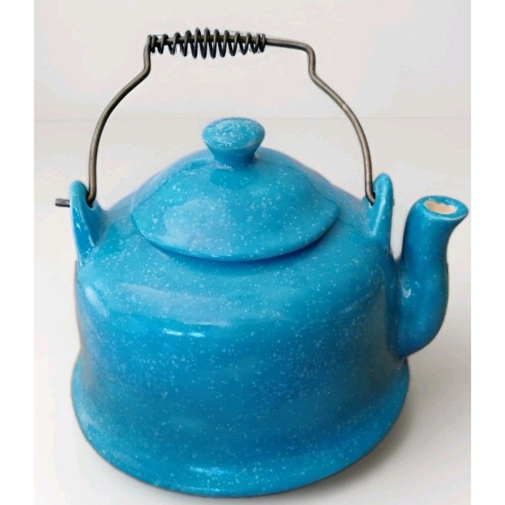 Mid-Century Style Speckled Turquoise Ceramic Teapot – Handcrafted Studio Pottery